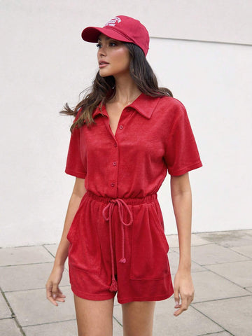 COSMINA Women Summer Casual Solid Color Drawstring Waist Jumpsuit