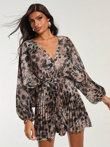 COSMINA Women's Autumn Full Print V-Neck Lantern Sleeve Fashionable Loose Jumpsuit