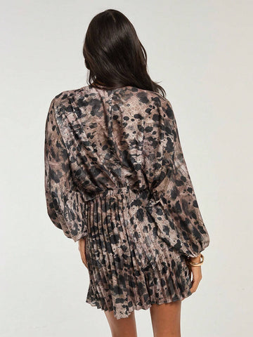 COSMINA Women's Autumn Full Print V-Neck Lantern Sleeve Fashionable Loose Jumpsuit