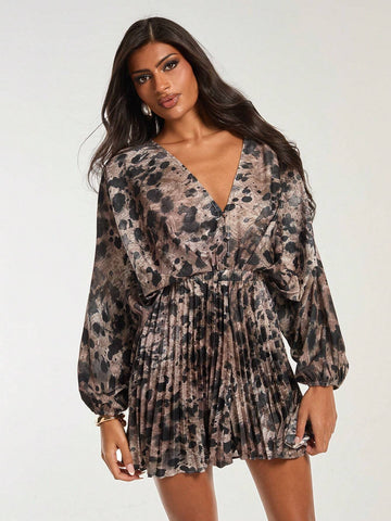 COSMINA Women's Autumn Full Print V-Neck Lantern Sleeve Fashionable Loose Jumpsuit