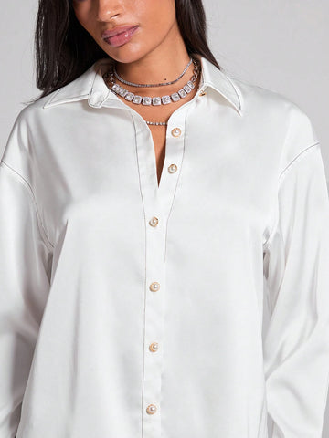 Women's Autumn Solid Color Dropped Shoulder Long Sleeve Single Button Loose Casual Shirt