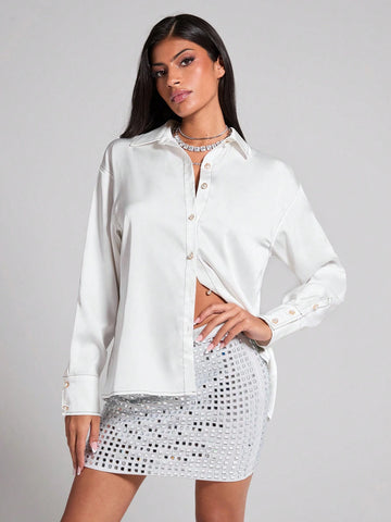 Women's Autumn Solid Color Dropped Shoulder Long Sleeve Single Button Loose Casual Shirt