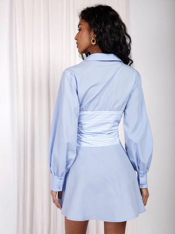 COSMINA Women's Blue Striped Splice, Commute Versatile, Long Sleeve Shirt Short Dress