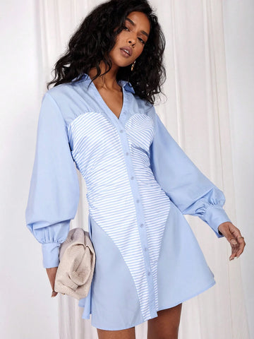 COSMINA Women's Blue Striped Splice, Commute Versatile, Long Sleeve Shirt Short Dress
