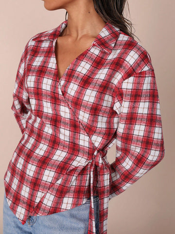 Women's Casual Check Pattern Lace-Up Wrap Shirt, Autumn