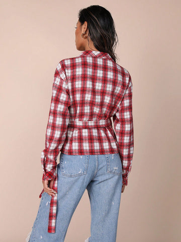 Women's Casual Check Pattern Lace-Up Wrap Shirt, Autumn