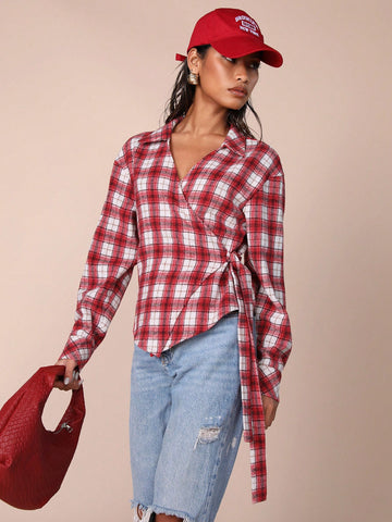 Women's Casual Check Pattern Lace-Up Wrap Shirt, Autumn