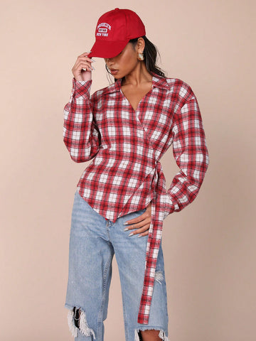 Women's Casual Check Pattern Lace-Up Wrap Shirt, Autumn