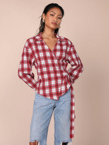 Women's Casual Check Pattern Lace-Up Wrap Shirt, Autumn