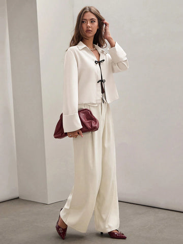 Women's Casual Color Block Knot Front Long Sleeve Loose Blouse,