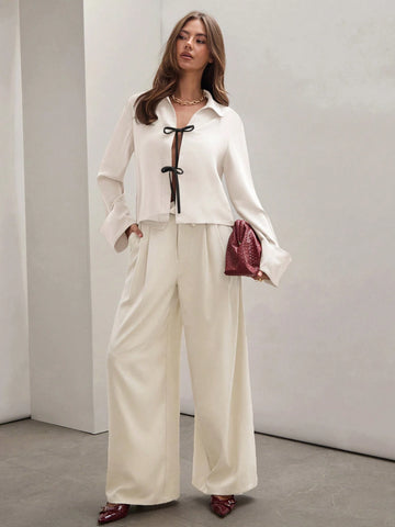 Women's Casual Color Block Knot Front Long Sleeve Loose Blouse,