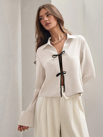 Women's Casual Color Block Knot Front Long Sleeve Loose Blouse,