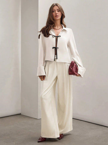 Women's Casual Color Block Knot Front Long Sleeve Loose Blouse,