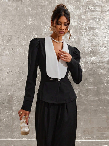 Women's Casual Commuter Contrast Color Double-Breasted Shirt For Autumn