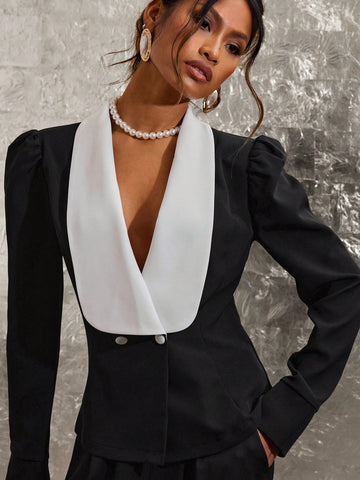 Women's Casual Commuter Contrast Color Double-Breasted Shirt For Autumn