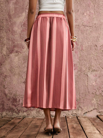 COSMINA Women's Casual Elegant Vacation Style Orange Pink Taupe Red Striped Large Skirt Maxi Skirt Summer