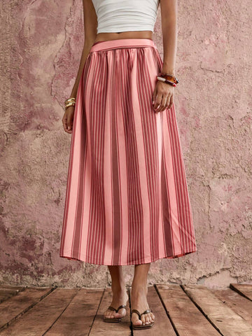 COSMINA Women's Casual Elegant Vacation Style Orange Pink Taupe Red Striped Large Skirt Maxi Skirt Summer