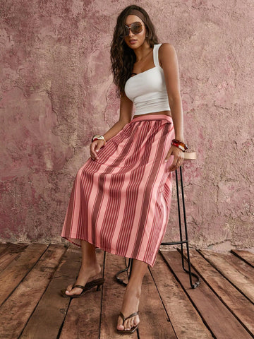 COSMINA Women's Casual Elegant Vacation Style Orange Pink Taupe Red Striped Large Skirt Maxi Skirt Summer