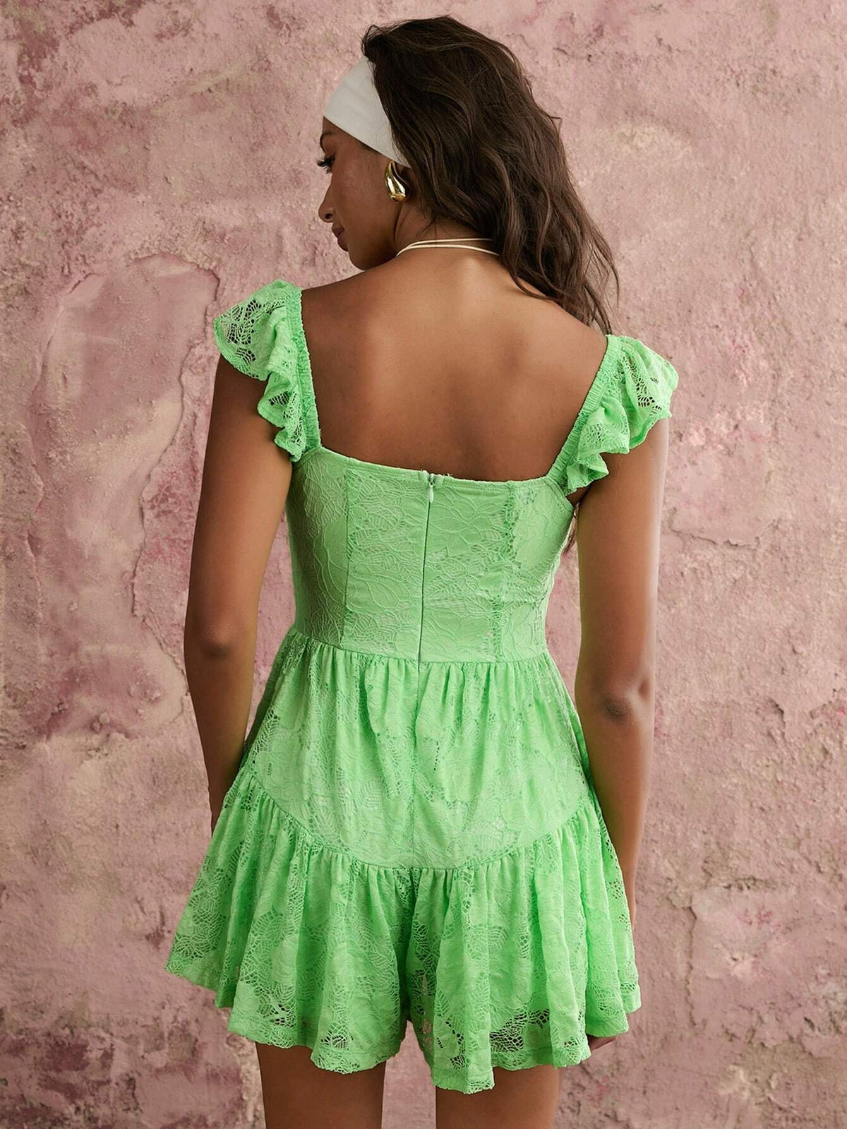 COSMINA Women's Casual Hollow Out See-Through Fall Green Rose Lace Sleeveless Chest Bow Tie Decorated Little Flutter Sleeves Wide Leg Multi-Layered Ruffle Jumpsuit