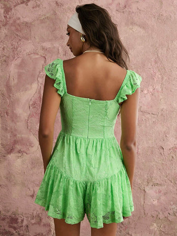 COSMINA Women's Casual Hollow Out See-Through Fall Green Rose Lace Sleeveless Chest Bow Tie Decorated Little Flutter Sleeves Wide Leg Multi-Layered Ruffle Jumpsuit