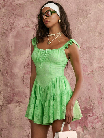 COSMINA Women's Casual Hollow Out See-Through Fall Green Rose Lace Sleeveless Chest Bow Tie Decorated Little Flutter Sleeves Wide Leg Multi-Layered Ruffle Jumpsuit