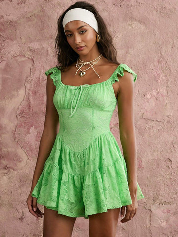 COSMINA Women's Casual Hollow Out See-Through Fall Green Rose Lace Sleeveless Chest Bow Tie Decorated Little Flutter Sleeves Wide Leg Multi-Layered Ruffle Jumpsuit