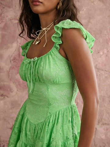 COSMINA Women's Casual Hollow Out See-Through Fall Green Rose Lace Sleeveless Chest Bow Tie Decorated Little Flutter Sleeves Wide Leg Multi-Layered Ruffle Jumpsuit