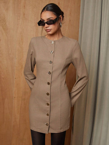 COSMINA Women's Casual Solid Color Button Front Short Dress, Autumn