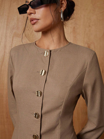 COSMINA Women's Casual Solid Color Button Front Short Dress, Autumn