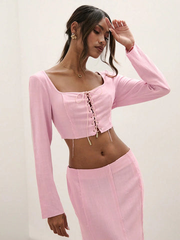 Women's Casual Solid Color Cross-Tied Cropped Long Sleeve Shirt, Spring