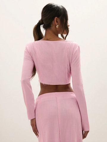 Women's Casual Solid Color Cross-Tied Cropped Long Sleeve Shirt, Spring