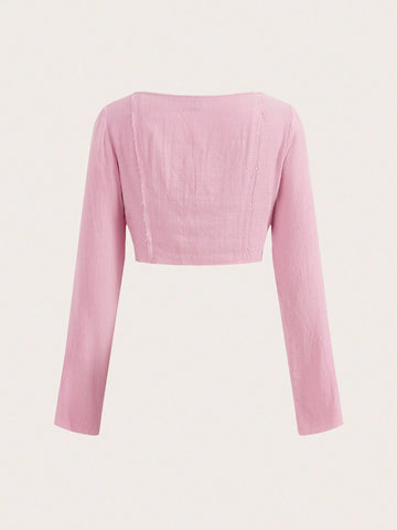 Women's Casual Solid Color Cross-Tied Cropped Long Sleeve Shirt, Spring