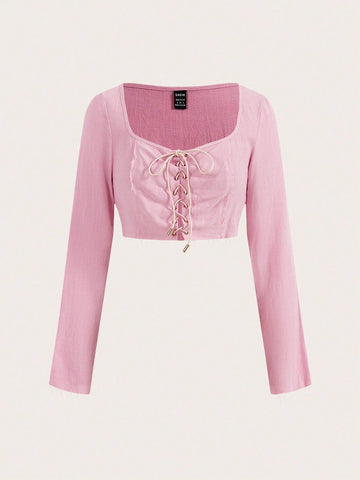 Women's Casual Solid Color Cross-Tied Cropped Long Sleeve Shirt, Spring