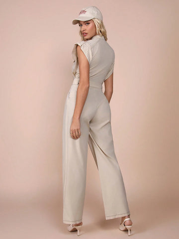 COSMINA Women's Casual Solid Color Front Button Jumpsuit, Summer