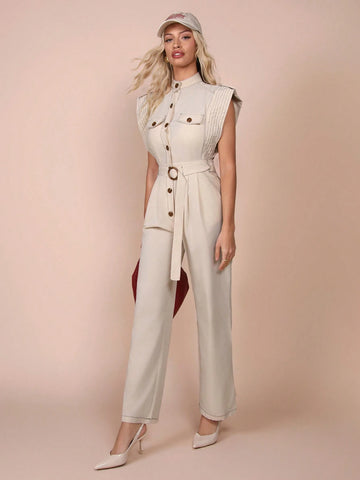 COSMINA Women's Casual Solid Color Front Button Jumpsuit, Summer