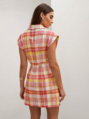 COSMINA Women's Collared Pocket Plaid Casual Mini Dress, Daily Wear
