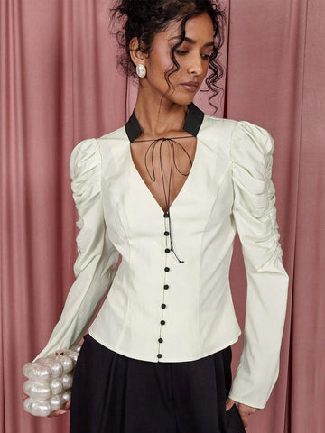 Women's Color Block Tie Neck Gigot Sleeve Elegant Blouse