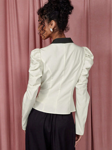 Women's Color Block Tie Neck Gigot Sleeve Elegant Blouse