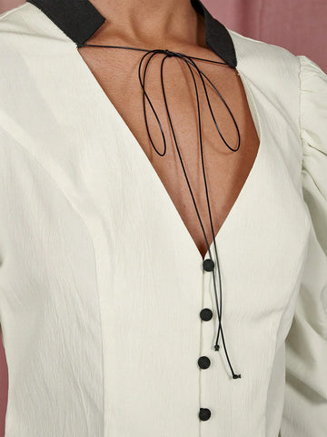 Women's Color Block Tie Neck Gigot Sleeve Elegant Blouse