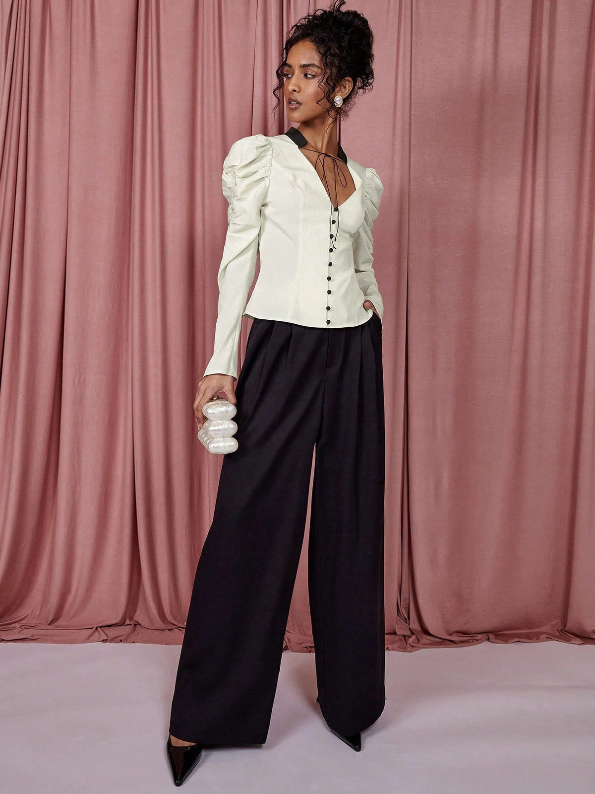 Women's Color Block Tie Neck Gigot Sleeve Elegant Blouse