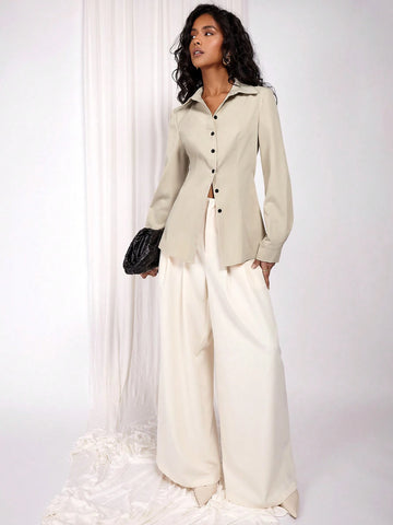 Women's Cream-Color Regular Buttoned Shirt, Autumn/Winter