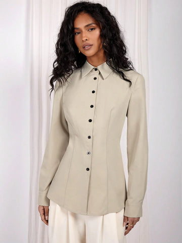 Women's Cream-Color Regular Buttoned Shirt, Autumn/Winter