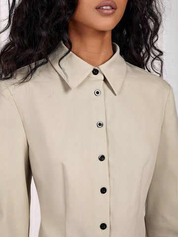 Women's Cream-Color Regular Buttoned Shirt, Autumn/Winter