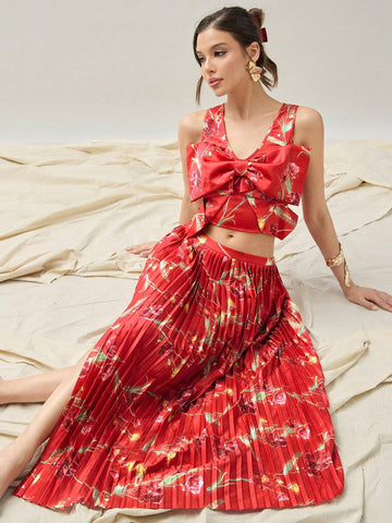 COSMINA Women's Elegant Flower Allover Print High Slit Pleated Skirt For FAll