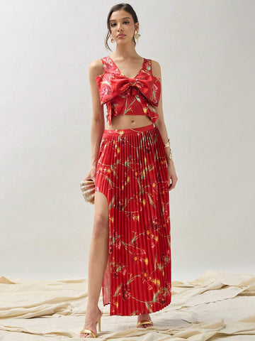 COSMINA Women's Elegant Flower Allover Print High Slit Pleated Skirt For FAll