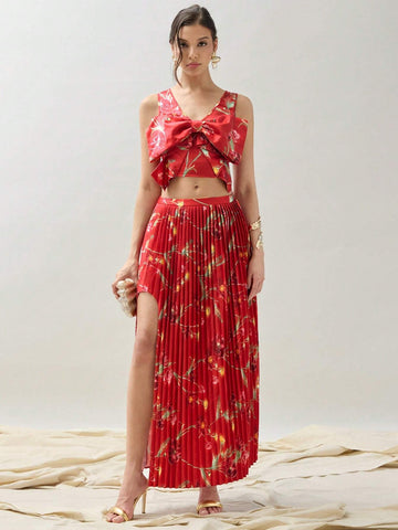 COSMINA Women's Elegant Flower Allover Print High Slit Pleated Skirt For FAll