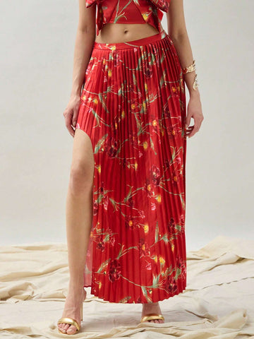 COSMINA Women's Elegant Flower Allover Print High Slit Pleated Skirt For FAll