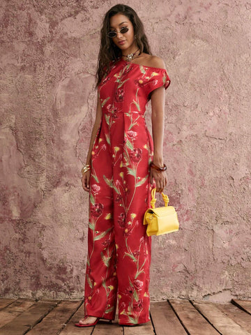 COSMINA Women's Elegant Poppy Red Base Print Shoulder Gold Metal Button Embellished Asymmetrical Sides One-Way Pleated Jumpsuit