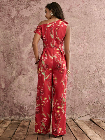 COSMINA Women's Elegant Poppy Red Base Print Shoulder Gold Metal Button Embellished Asymmetrical Sides One-Way Pleated Jumpsuit
