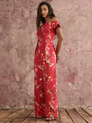 COSMINA Women's Elegant Poppy Red Base Print Shoulder Gold Metal Button Embellished Asymmetrical Sides One-Way Pleated Jumpsuit